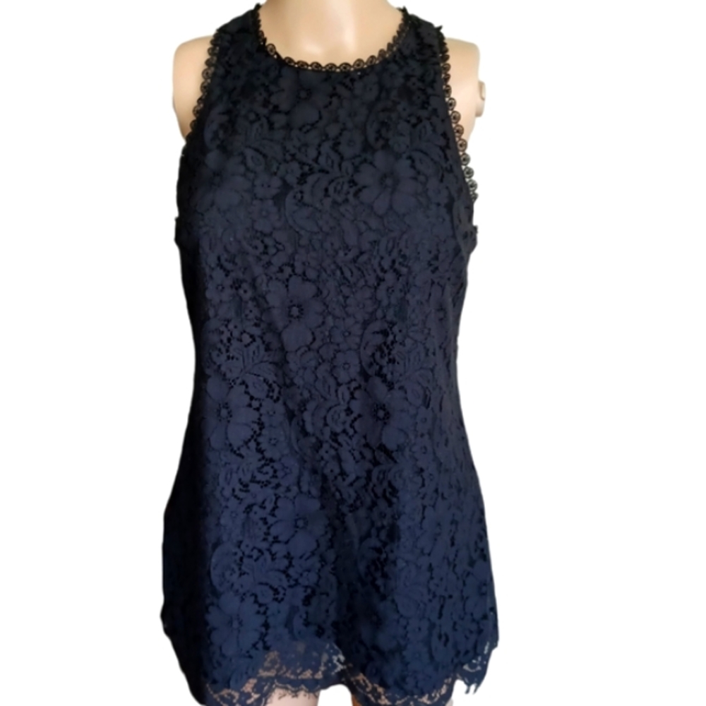 Cabi Womens Sleevelesss Black Floral Crochet Top Fringed Scalloped Hem Size XS